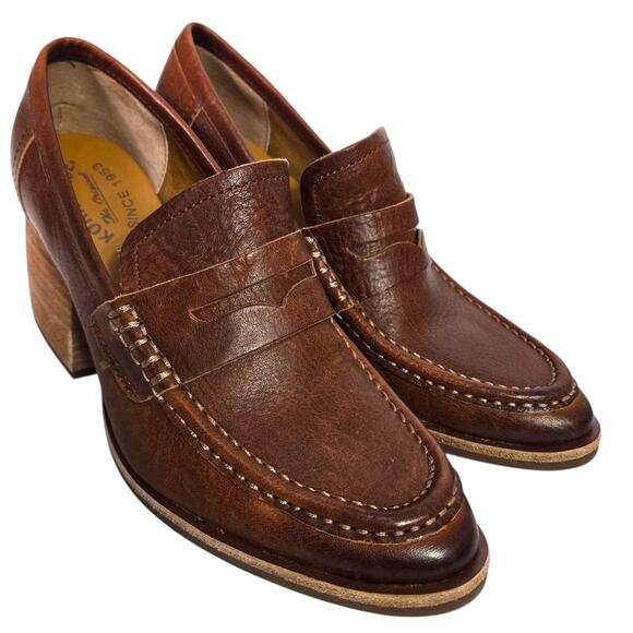 Kork Ease Modeste Penny Loafer Heels Brown Leather Pump Chunky Block Slip On 8.5 - Picture 3 of 16